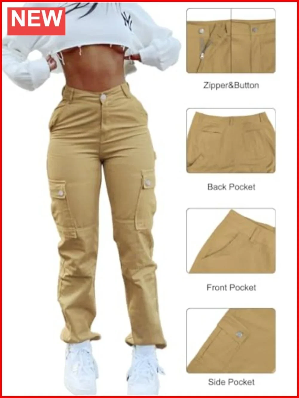 High Waisted Cargo Pants with 6 Pockets Stretchy Straight Leg